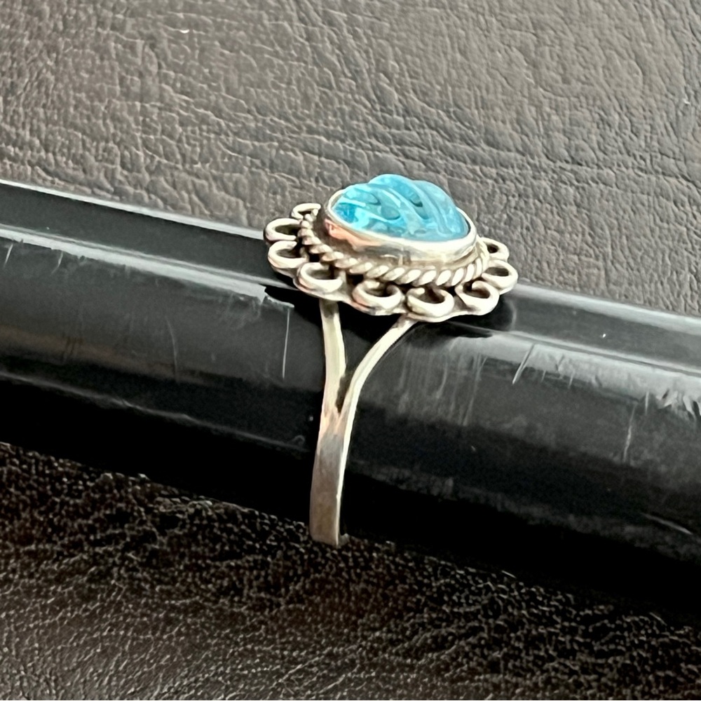 Vintage Taxco Mexico sterling silver carved glass ring Size 5.75 - Picture 2 of 12